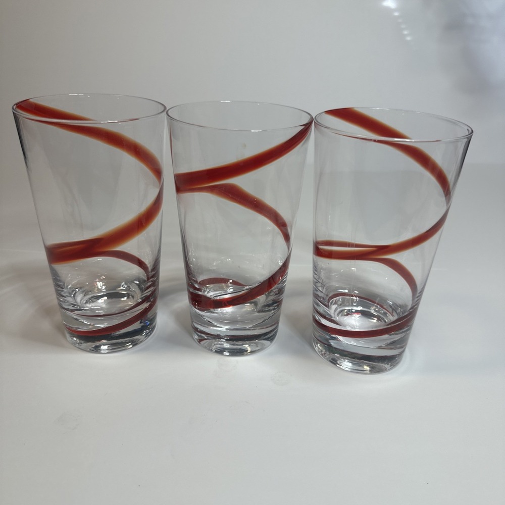 VTG. Pier 1 Red Swirl Swirline Highball Tall Pint Glasses Tumblers-Set of 3